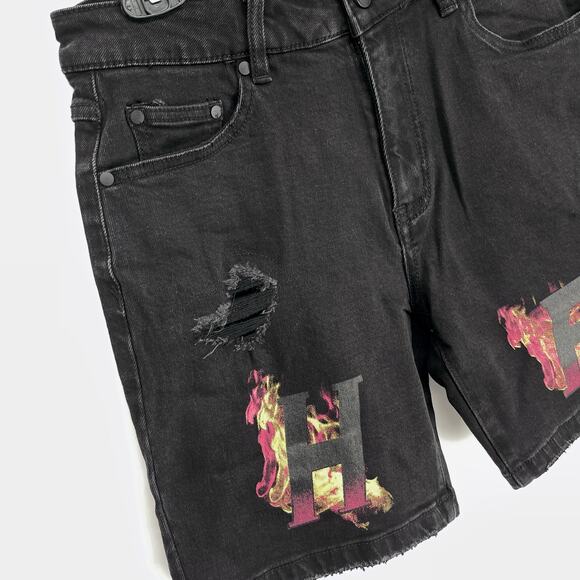 Homme + Femme NEW Distressed Flames Logo Jean Shorts Mens Sz 30 Black Stretch - Picture 2 of 8